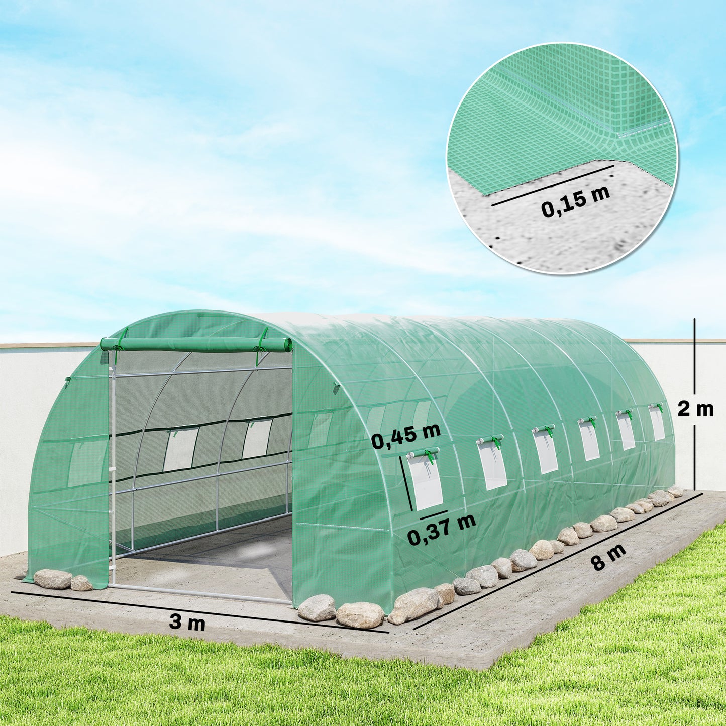Outsunny Invernadero De Túnel 8x3x2 M Con 12 Ventanas Cubierta Pe Cultivo Verde_2