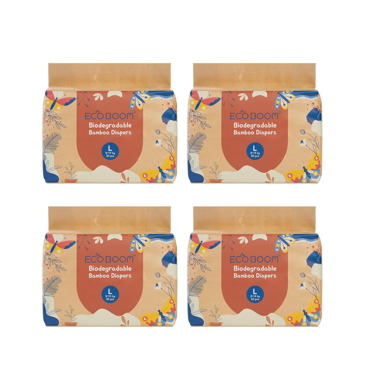 ECOBOOM- Pañal Ecológico de BAMBÚ Eco Boom. 70% Biodegradable, Hipoalergénico (TALLA 4/L, 9-14 KG, PACK DE 4 BOLSAS, TOTAL 120 PAÑALES)