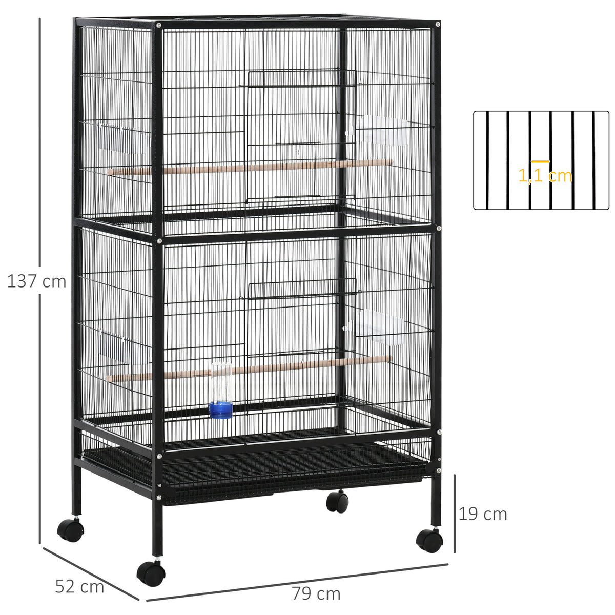 Pawhut Jaula Para Pájaros Con 4 Ruedas Con Comederos Y Bandeja 79x52x137cm Negro_2
