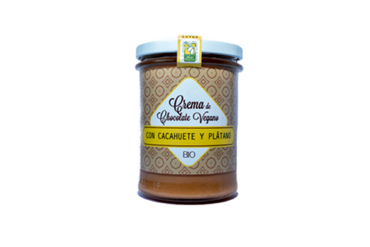 Crema Bio de chocolate vegano para untar. Con cacahuete y platano de la palma_0