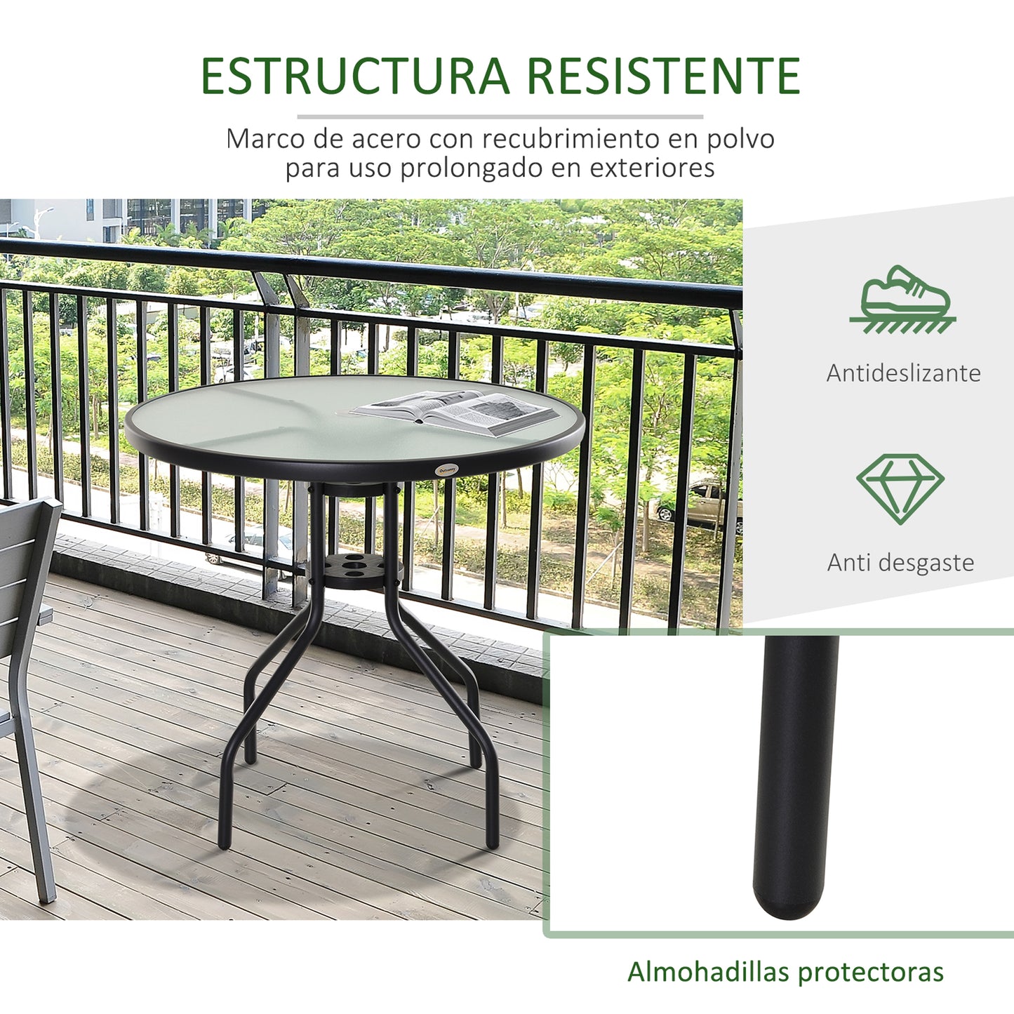 Outsunny Mesa De Jardín Redonda De Cristal Con Agujero Para Sombrilla Ø80x72 Cm_5