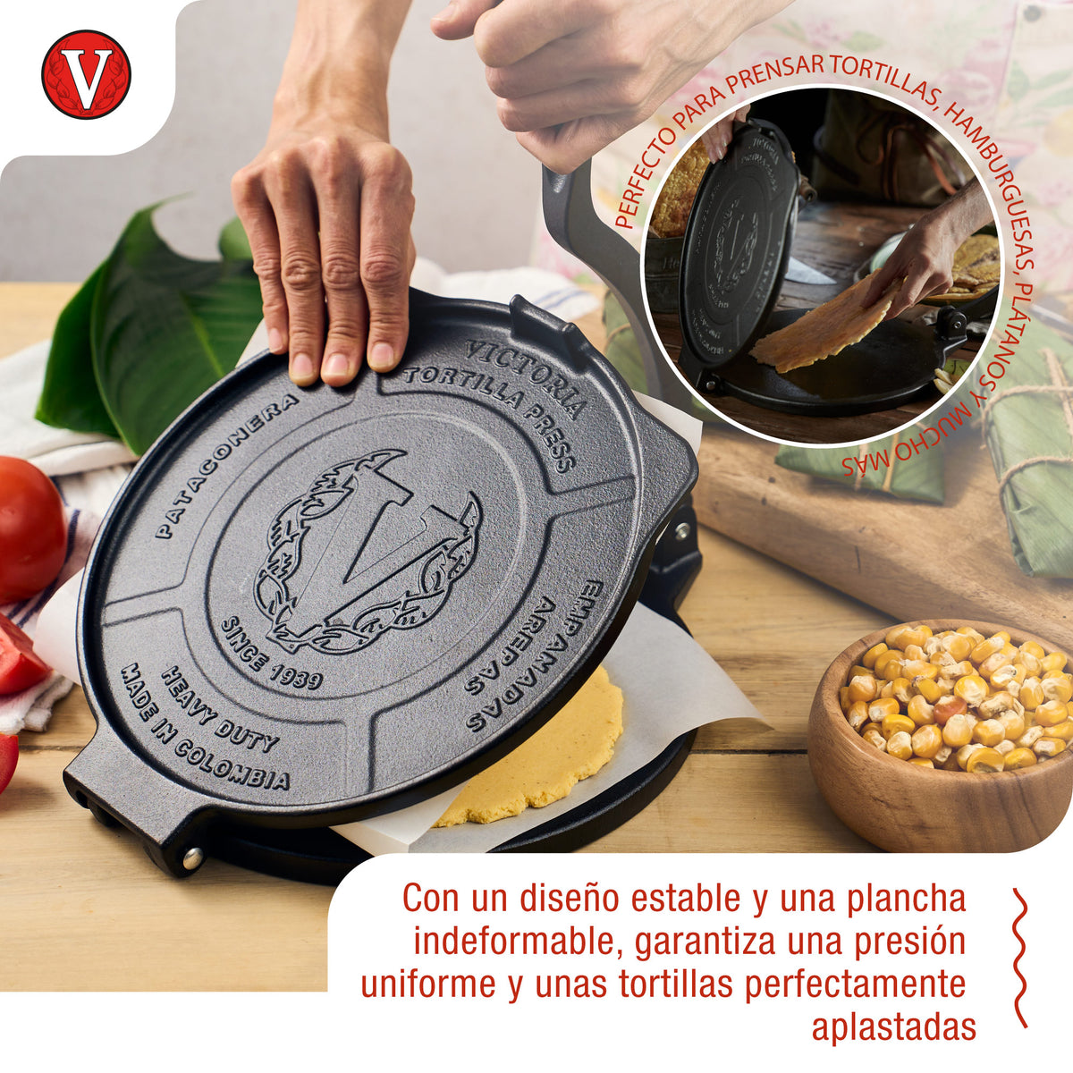 Victoria Prensa Tortillera Para Tortillas Mexicanas Hierro Fundido Hd Curado 25cm, Pataconera Colombiana, 39318, Negro_2