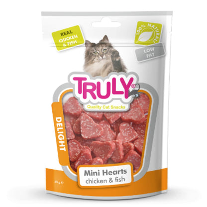 Snack Semihumedo Para Gato En Mini Corazones De Pollo Y Pescado Truly 20 Bolsas X 50 Gr_0