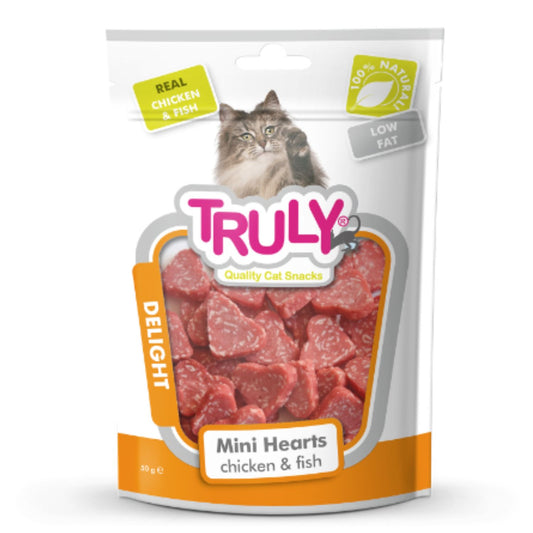 Snack Semihumedo Para Gato En Mini Corazones De Pollo Y Pescado Truly 20 Bolsas X 50 Gr_0
