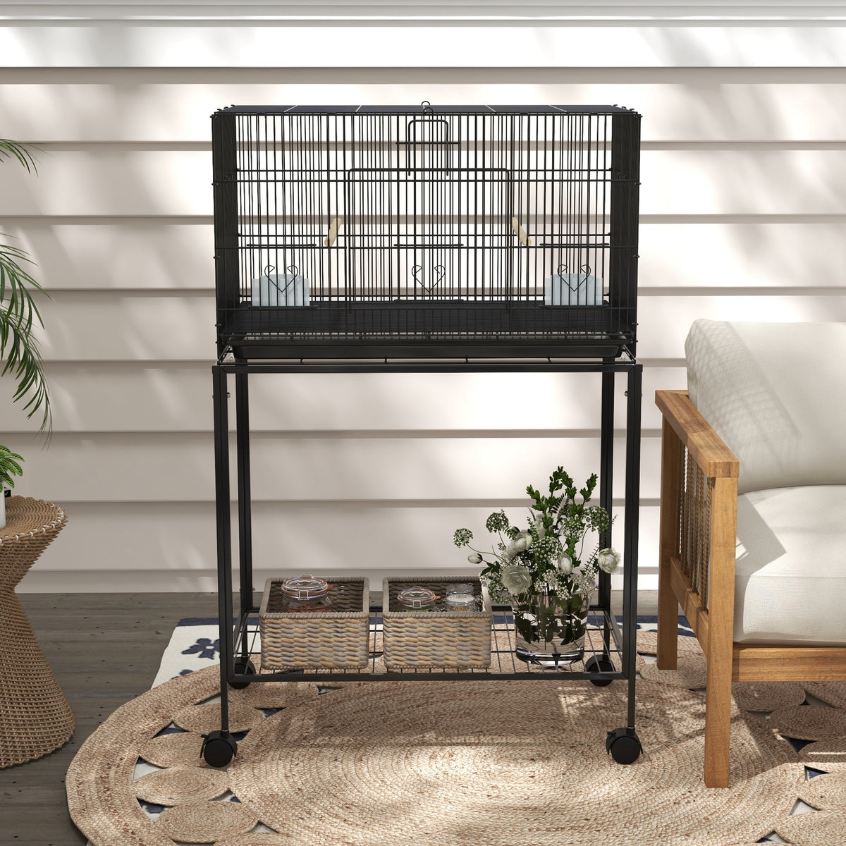 Pawhut Jaula Para Pájaros Con Ruedas 77x46x119 Cm Con Bandeja Extraíble Negro_4