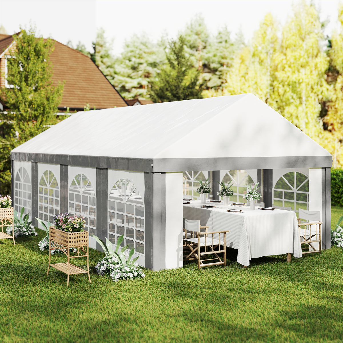 Outsunny Carpa Para Fiesta 4x8 M Con Paredes Extraíbles Puertas Y Ventanas Gris_3