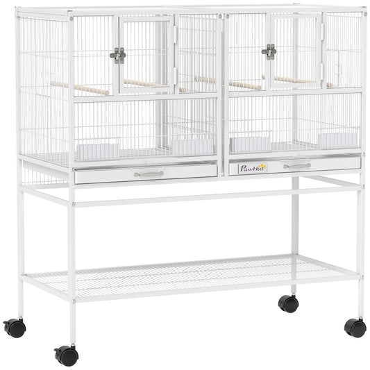 Pawhut Jaula Para Pájaros Con Ruedas Comederos Estante 95x45,5x102 Cm Blanco_0