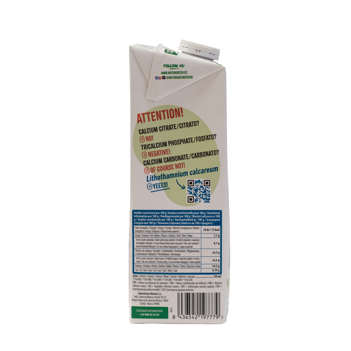 Bebida vegetal Almond sin azúcar calcio NaturGreen 1 litro