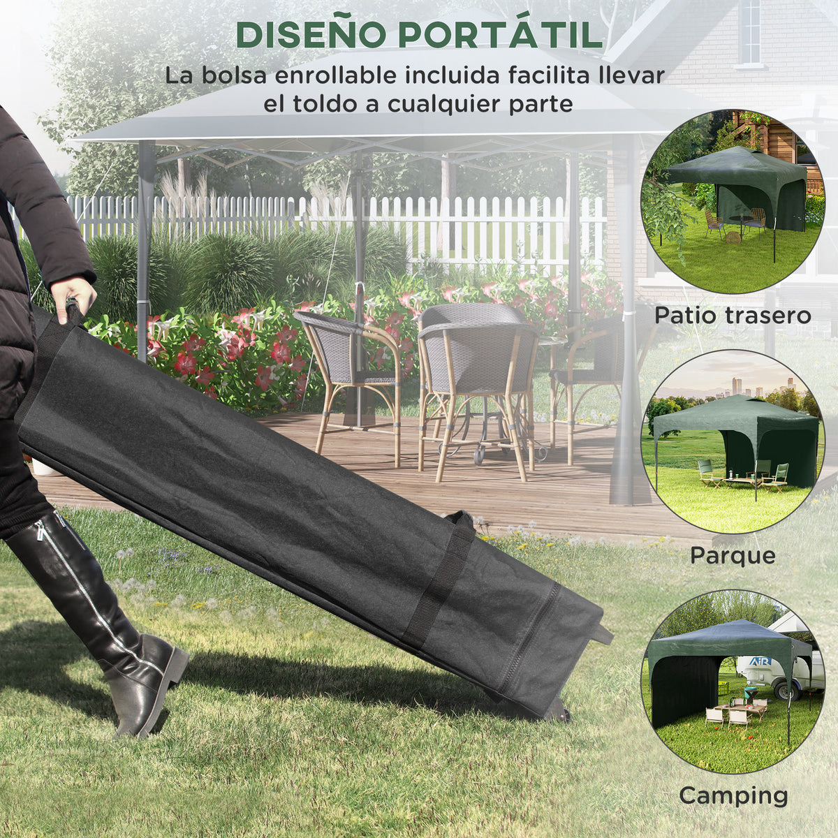Outsunny Carpa Plegable 3x3 M Altura Ajustable 1 Pared Lateral Verde_5