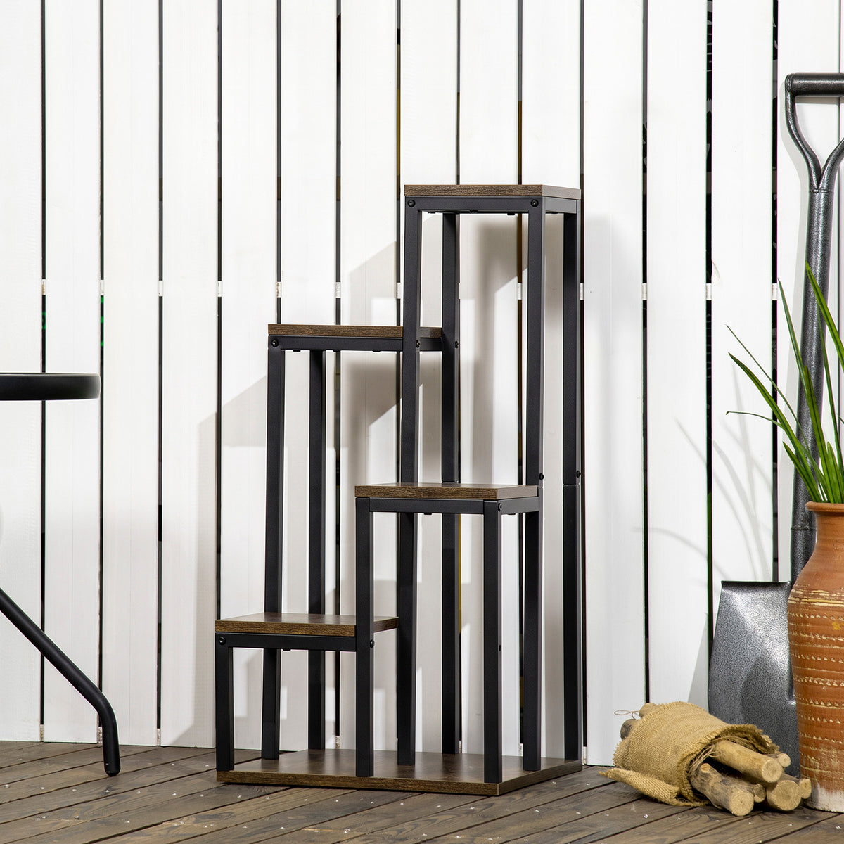 Suporte Para Plantas Outsunny Em Melamina Com Efeito Madeira E Aço Castanho Rústico 40x40x81 Cm_1
