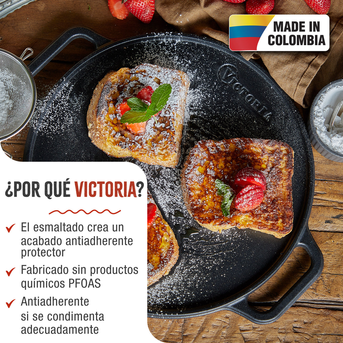 Victoria Plancha Cocina Hierro Fundido Esmaltado Parrilla Reversible 32cm, Fuego Barbacoa Sin Ptfe, 38007, Negro_1