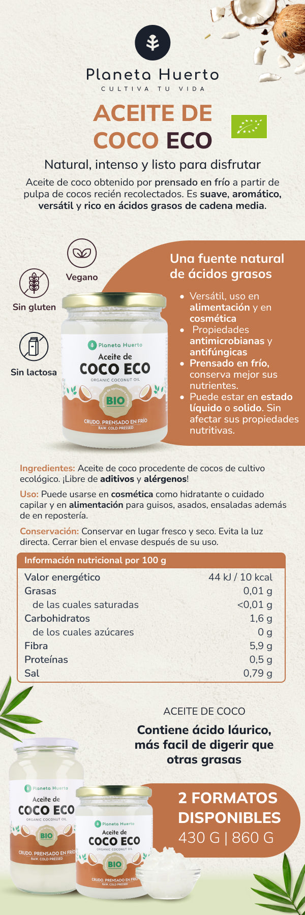 Aceite de coco ECO Planeta Huerto 430 ml