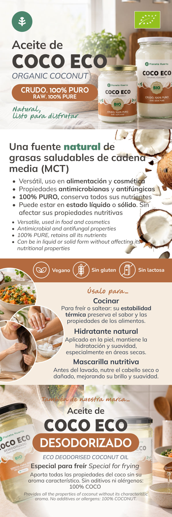 Pack 3x Aceite de coco ECO Planeta Huerto 860 ml