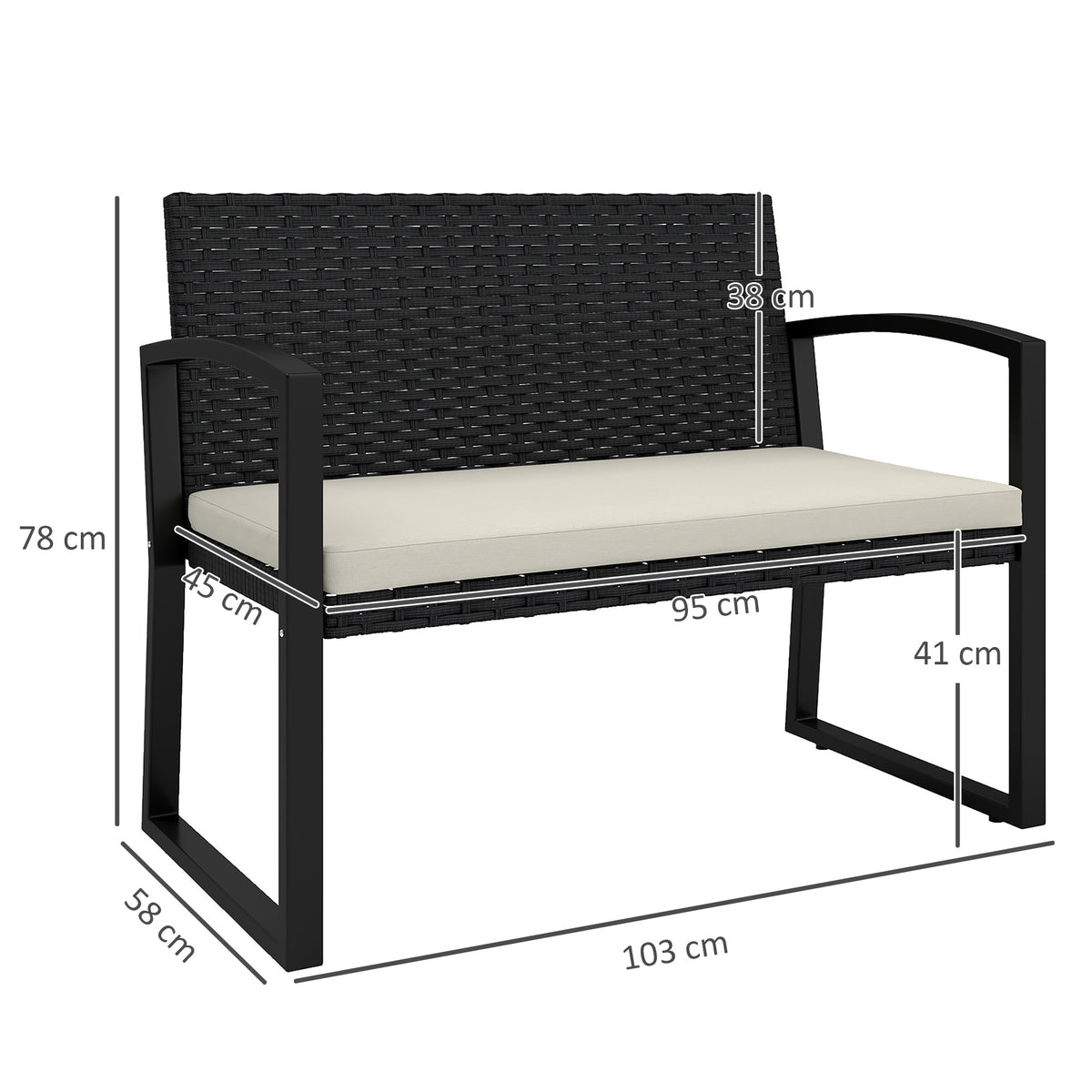 Outsunny Banco De Jardín De Ratán Sintético De 2 Plazas 103x58x78 Cm Negro Beige_2