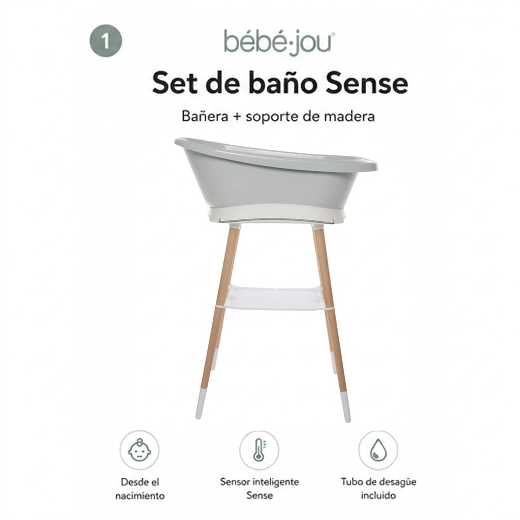 Bebe-jou Set Sense Bañera Led Gris + Soporte Sense + Hamaca Baño + Tubo Desagüe_1