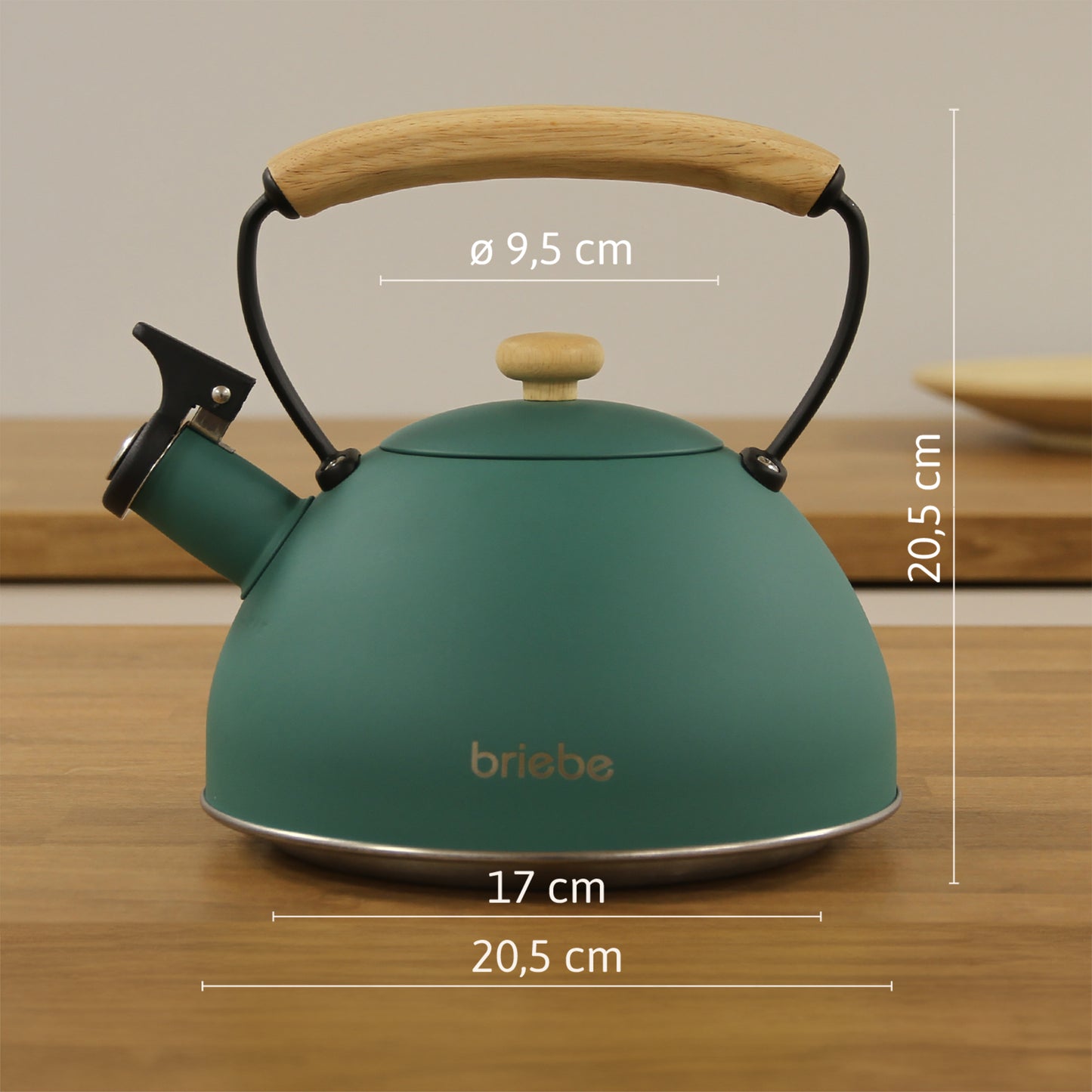 Briebe Tetera Con Silbato, Hervidor De Agua 2,3l, Inducción, Acero Inox, Vintage, Mango Madera, Nordic, Verde_5