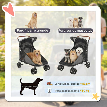 Pawhut Carrito Para Perros Plegable Con Un Botón Hasta 30 Kg Con Suspensión Gris_3