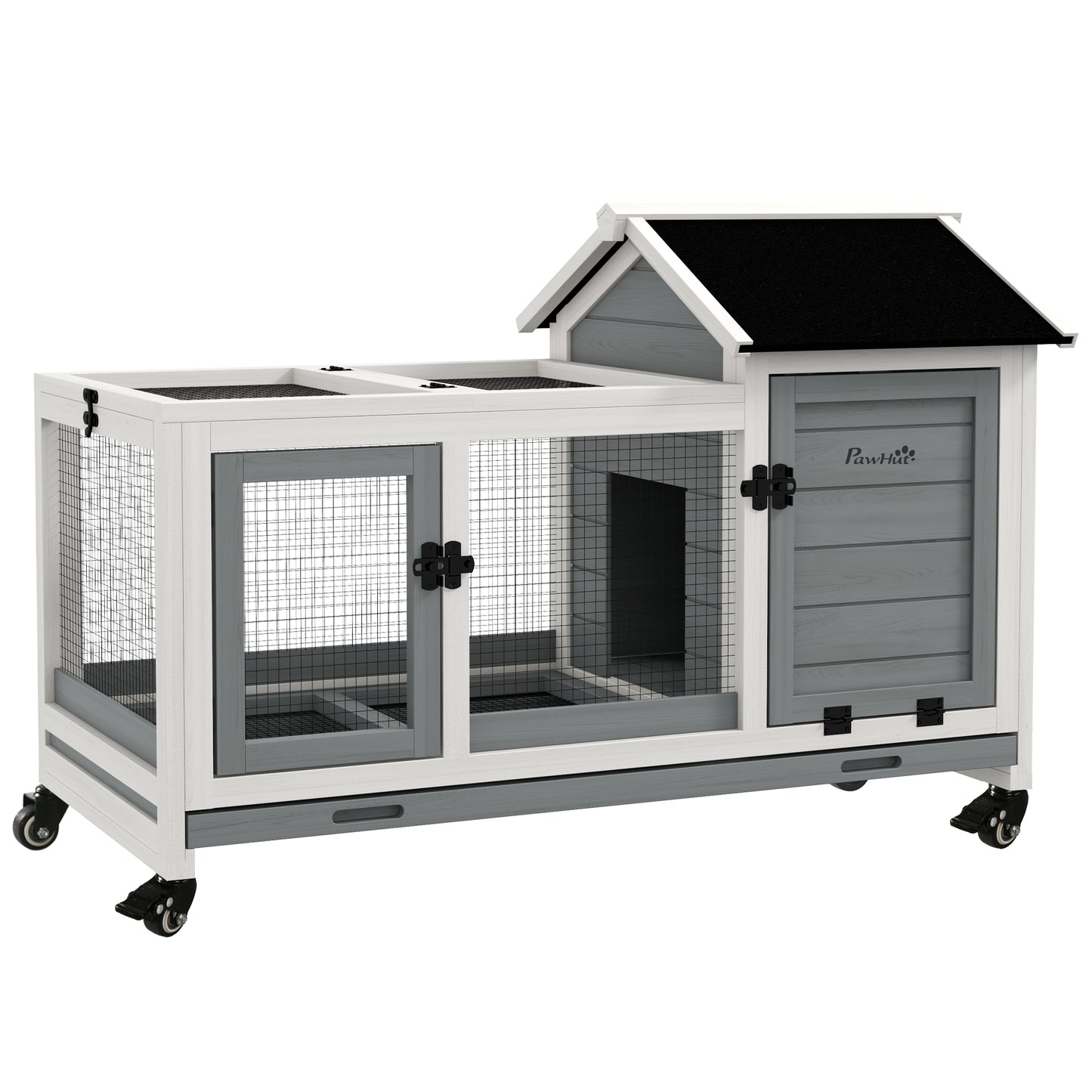Pawhut Conejera De Madera Con Ruedas Techo Abatible 108x58x73,5 Cm Gris_0