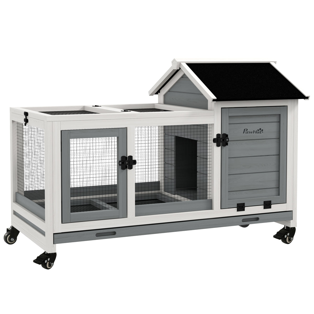 Pawhut Conejera De Madera Con Ruedas Techo Abatible 108x58x73,5 Cm Gris_0