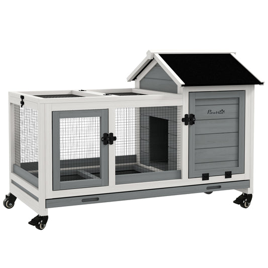 Pawhut Conejera De Madera Con Ruedas Techo Abatible 108x58x73,5 Cm Gris_0