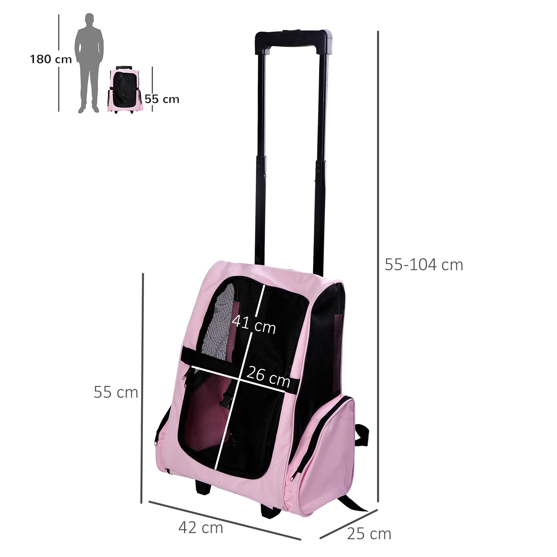 Pawhut Transportín 2 En 1 Para Mascotas Carrito Mochila Ruedas 42x25x55 Cm Rosa_2