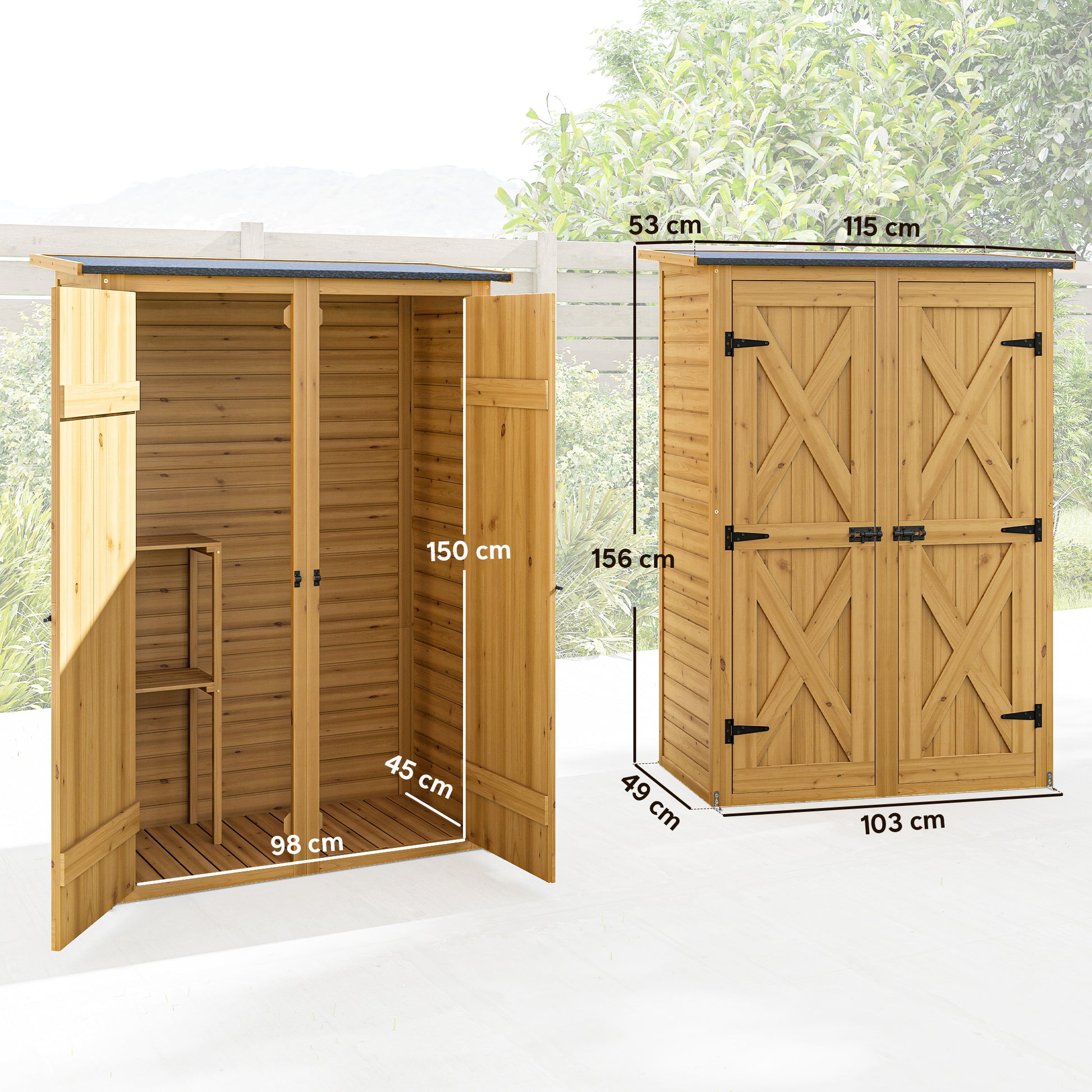Outsunny Caseta De Jardín De Madera 115x53x156 Cm Con 2 Estantes Y 2 Puertas_2