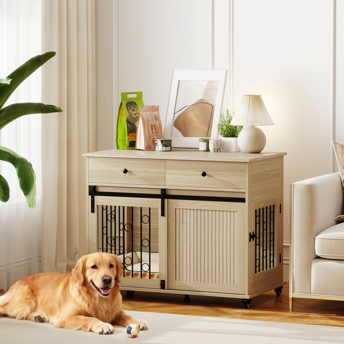 Pawhut Jaula Para Perros Mesa Auxiliar Con 2 Cajones 2 Puertas Y Cierre Roble_1
