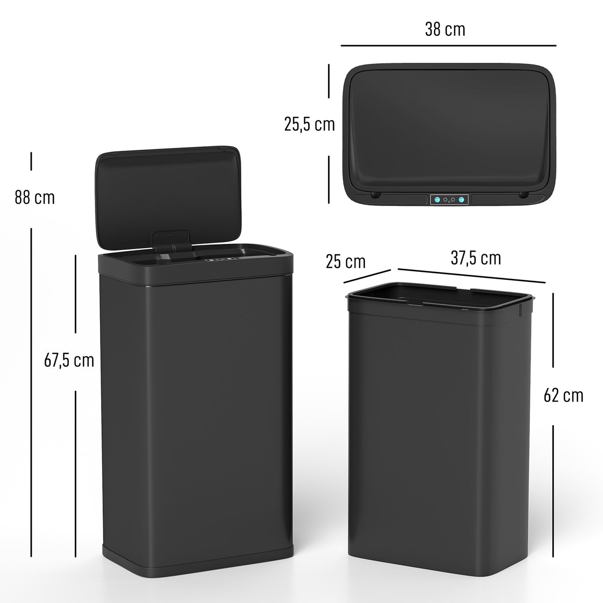 Balde De Lixo Com Sensor Homcom Plastico E Metal Preto 38x25,5x67,5 Cm_2