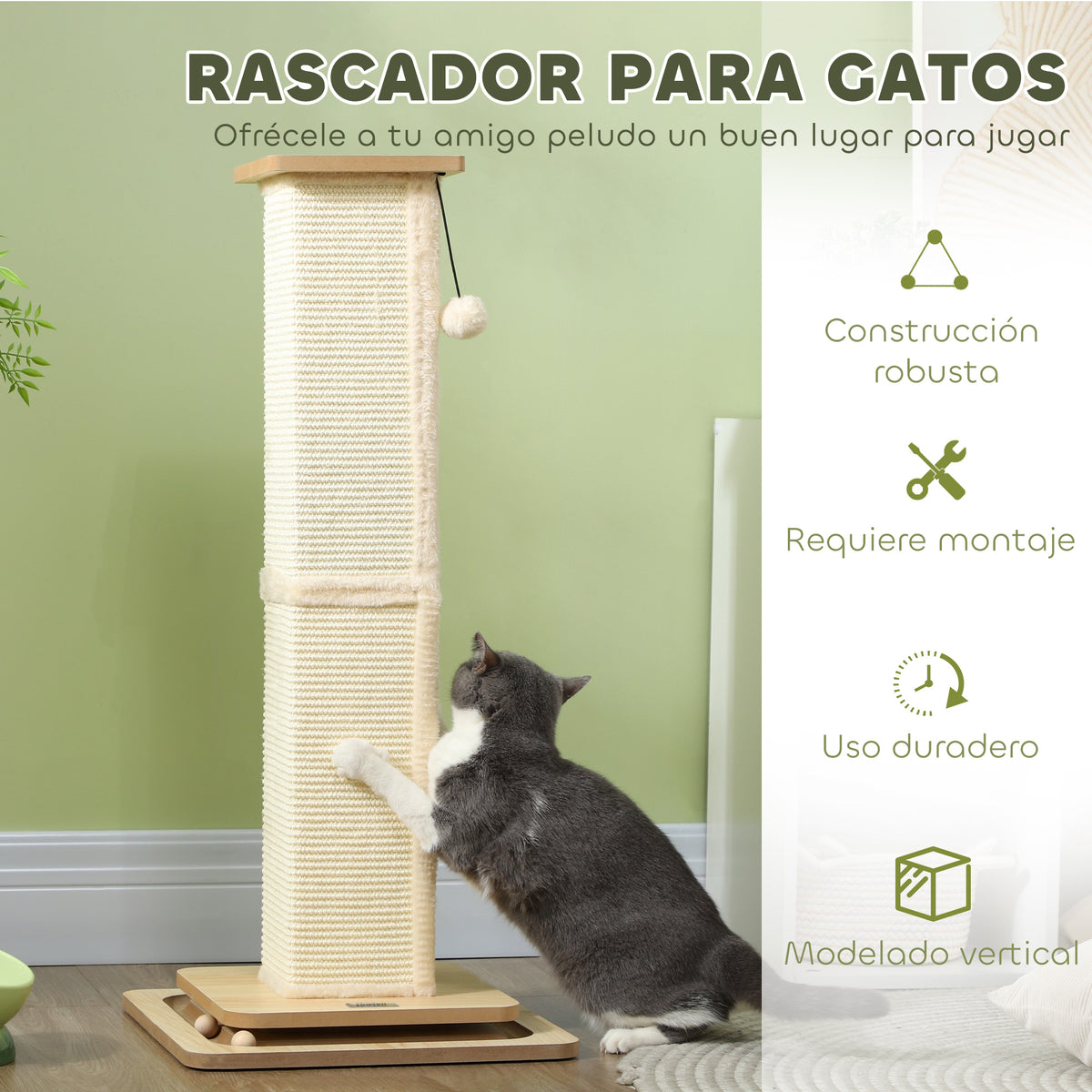 Pawhut Poste Rascador Para Gatos 87 Cm Con Bola Colgante 39,5x39,5x87 Cm Roble_4