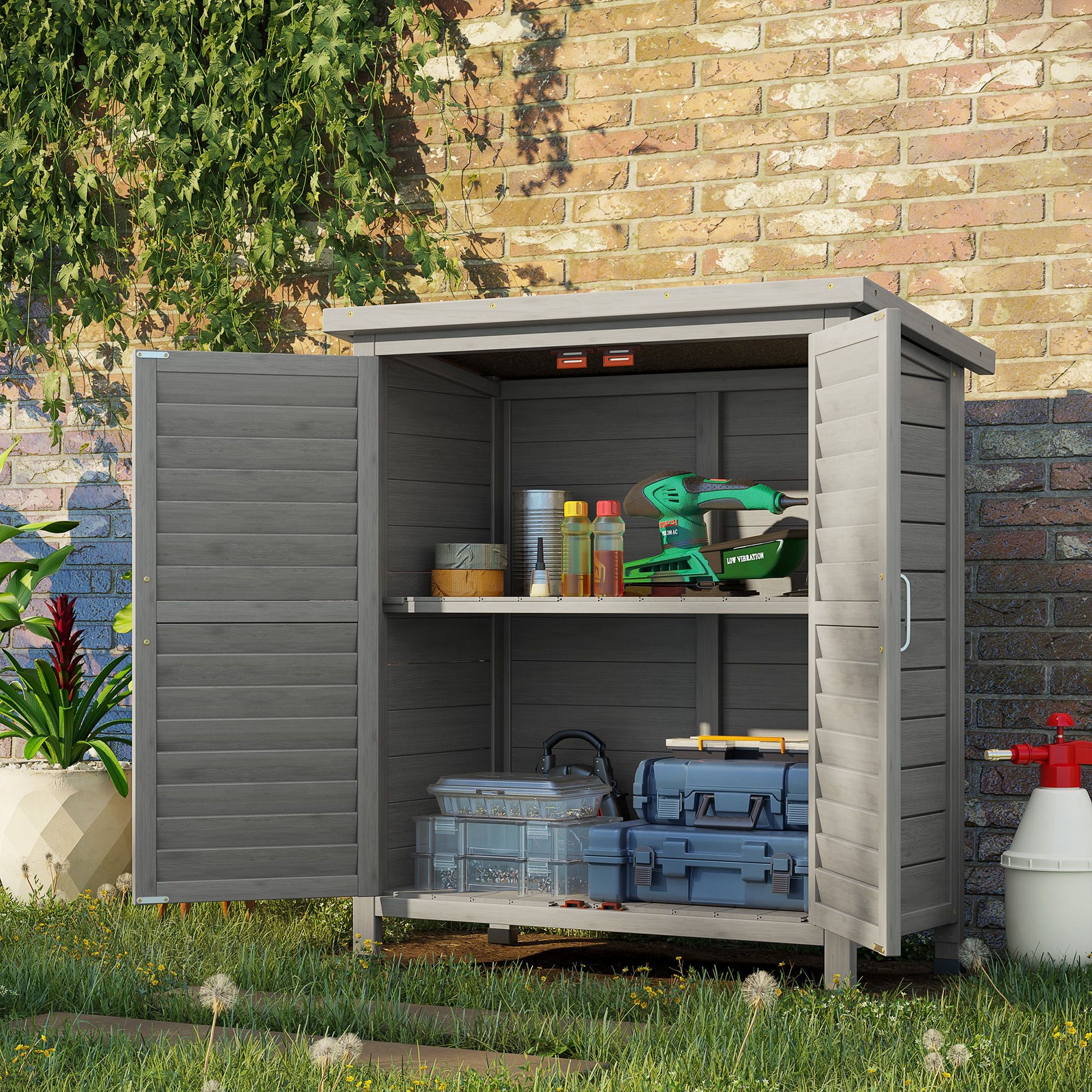 Outsunny Cobertizo Almacenamiento Madera Jardín 2 Estantes Interiores Gris_1
