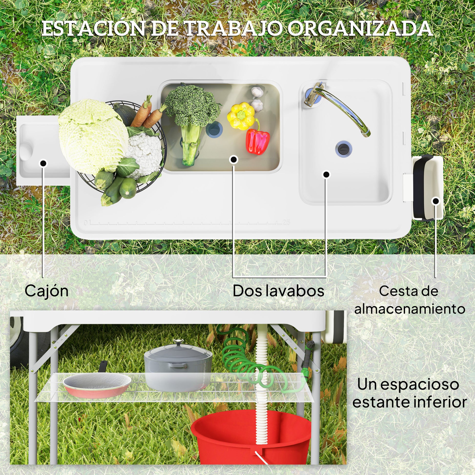 Outsunny Mesa Para Limpiar Pescado Portátil Con 2 Fregaderos Blanco_5