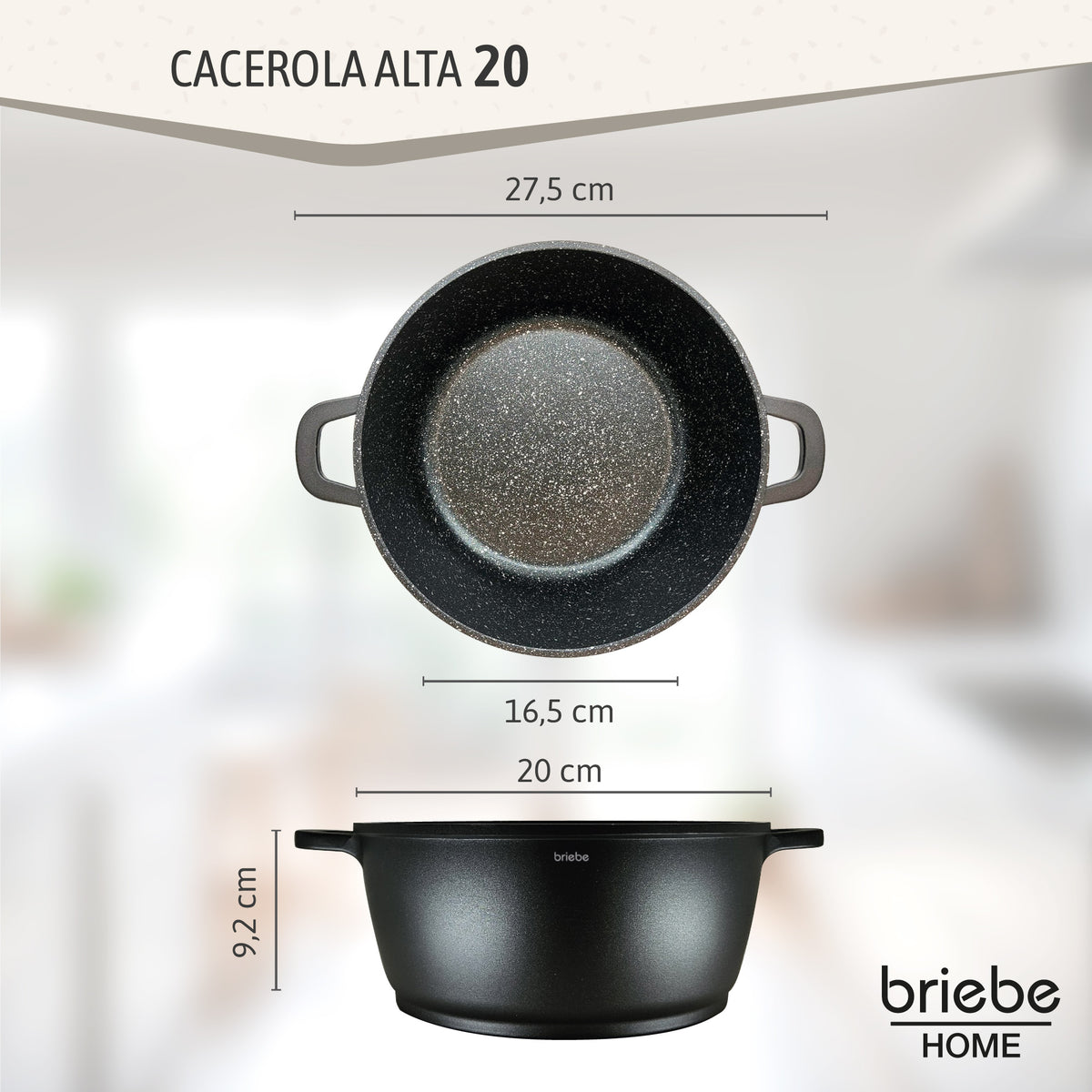 Briebe Cacerola Cocina Inducción Antiadherente Titanio, Cazuela 20cm, Aluminio Fundido Sin Pfoa, Tapa, Black Titanium_2