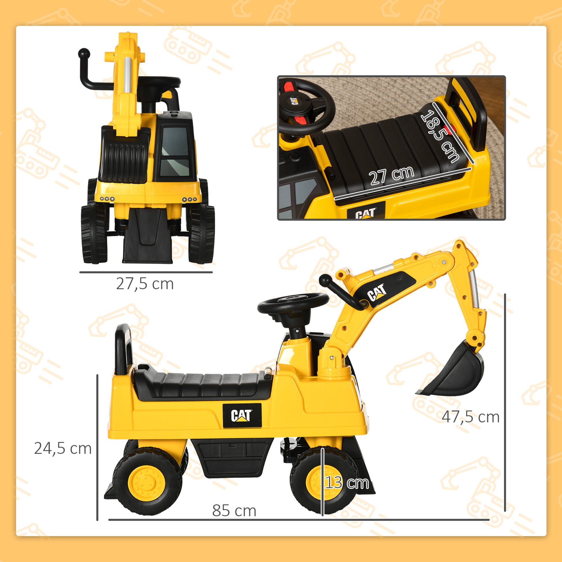 Homcom Excavadora Con Licencia Caterpillar Para Niños 85x27,5x47,5 Cm Amarillo_2