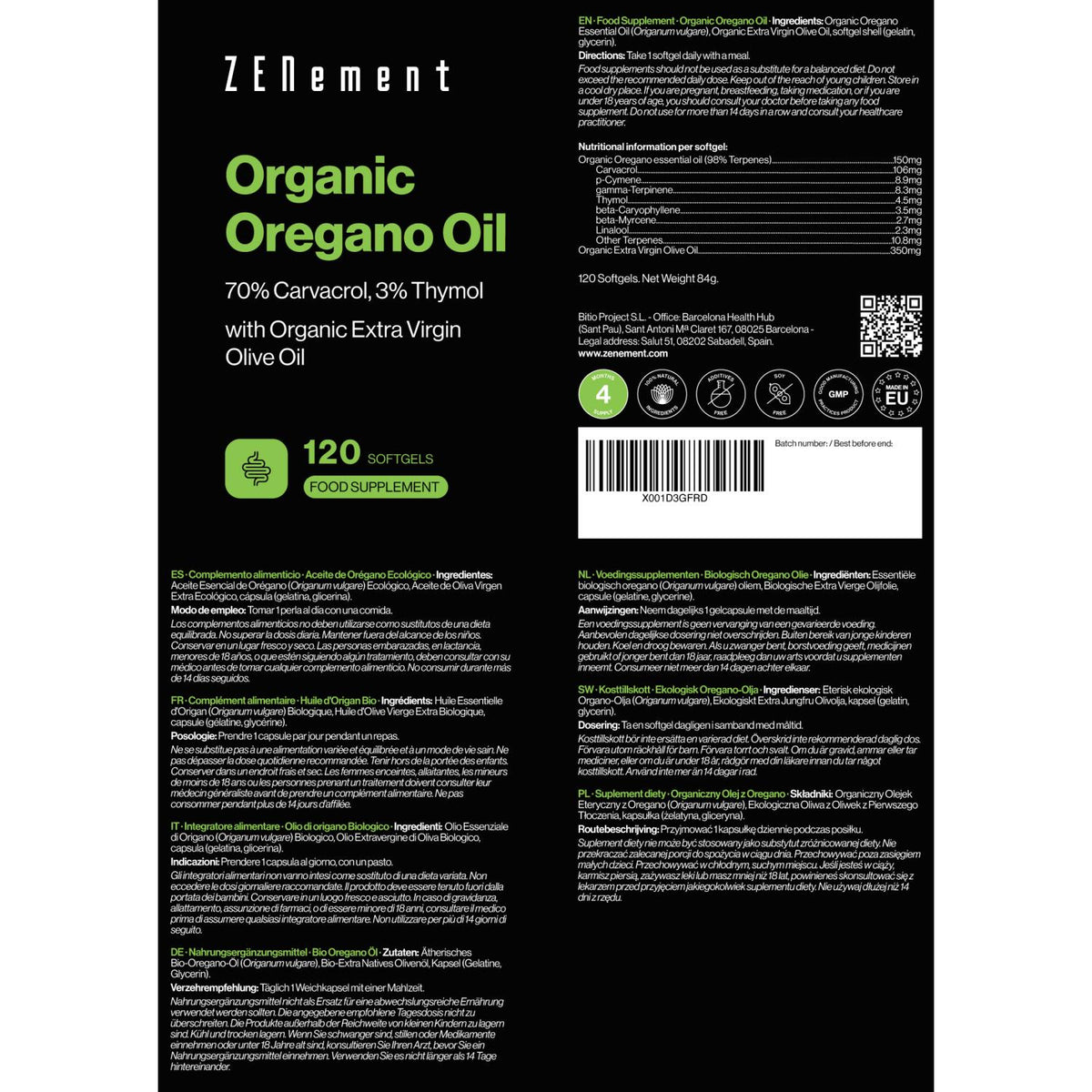Aceite de orégano, 150 mg Zenement 120 comprimidos