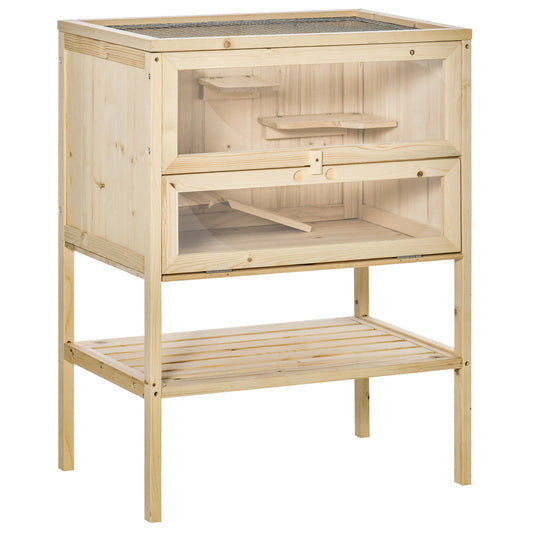 Pawhut Jaula De Madera Para Hámster Con Rampa Techo Abatible Estante Inferior_0