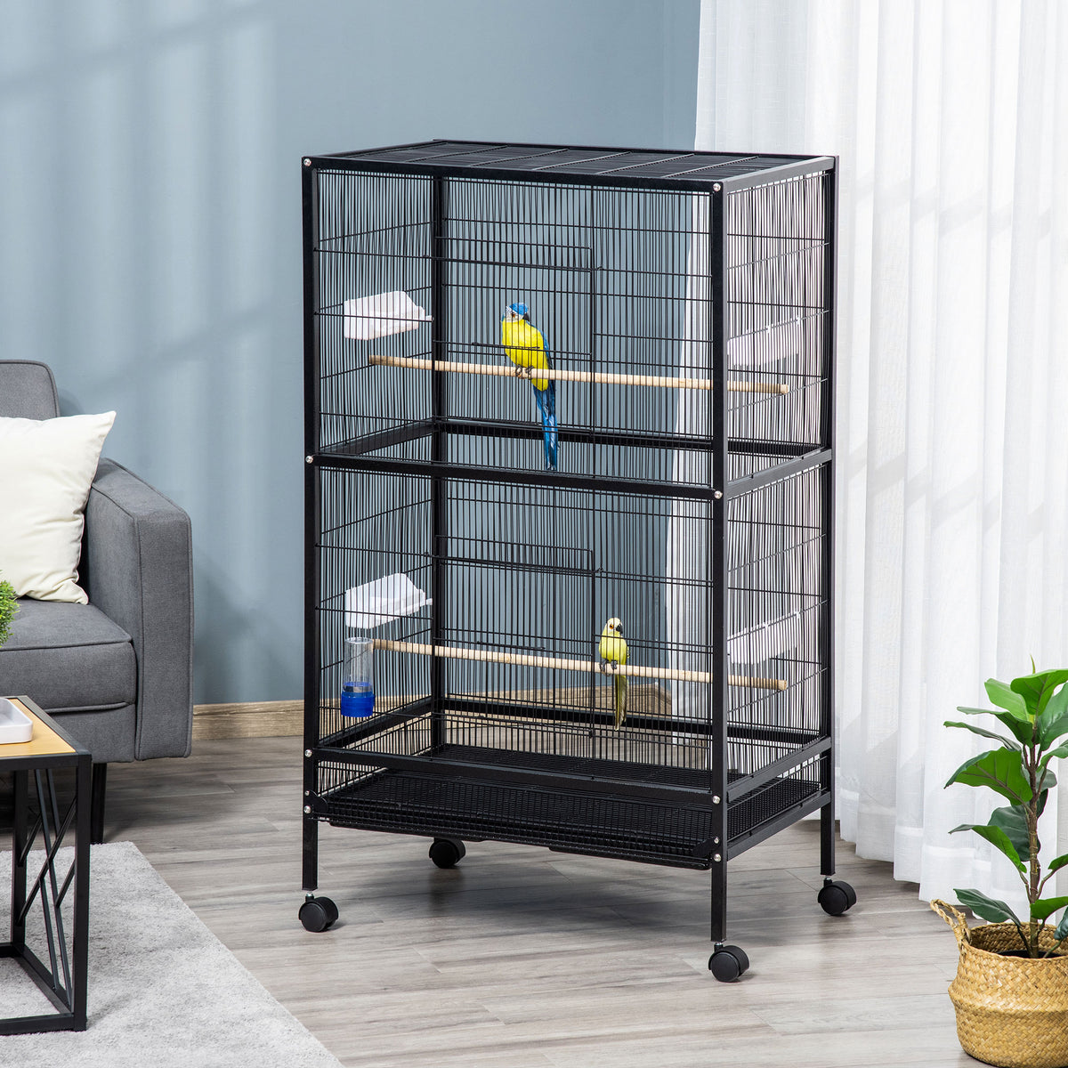 Pawhut Jaula Para Pájaros Con 4 Ruedas Con Comederos Y Bandeja 79x52x137cm Negro_1