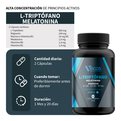 L-triptófano + Melatonina Vecos 100 Cápsulas | Conciliar El Sueño Y Descanso | Con Magnesio Y Vitamina B6_2