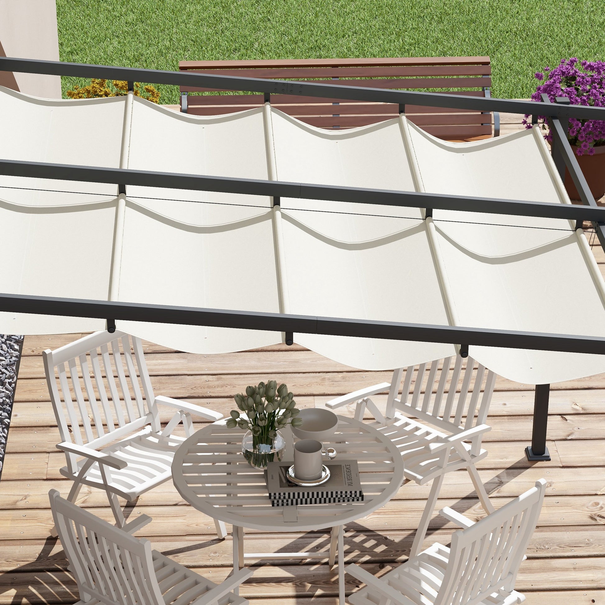 Outsunny Pérgola De Pared 3x3 M Con Techo Retráctil De Poliéster Crema Y Gris_4