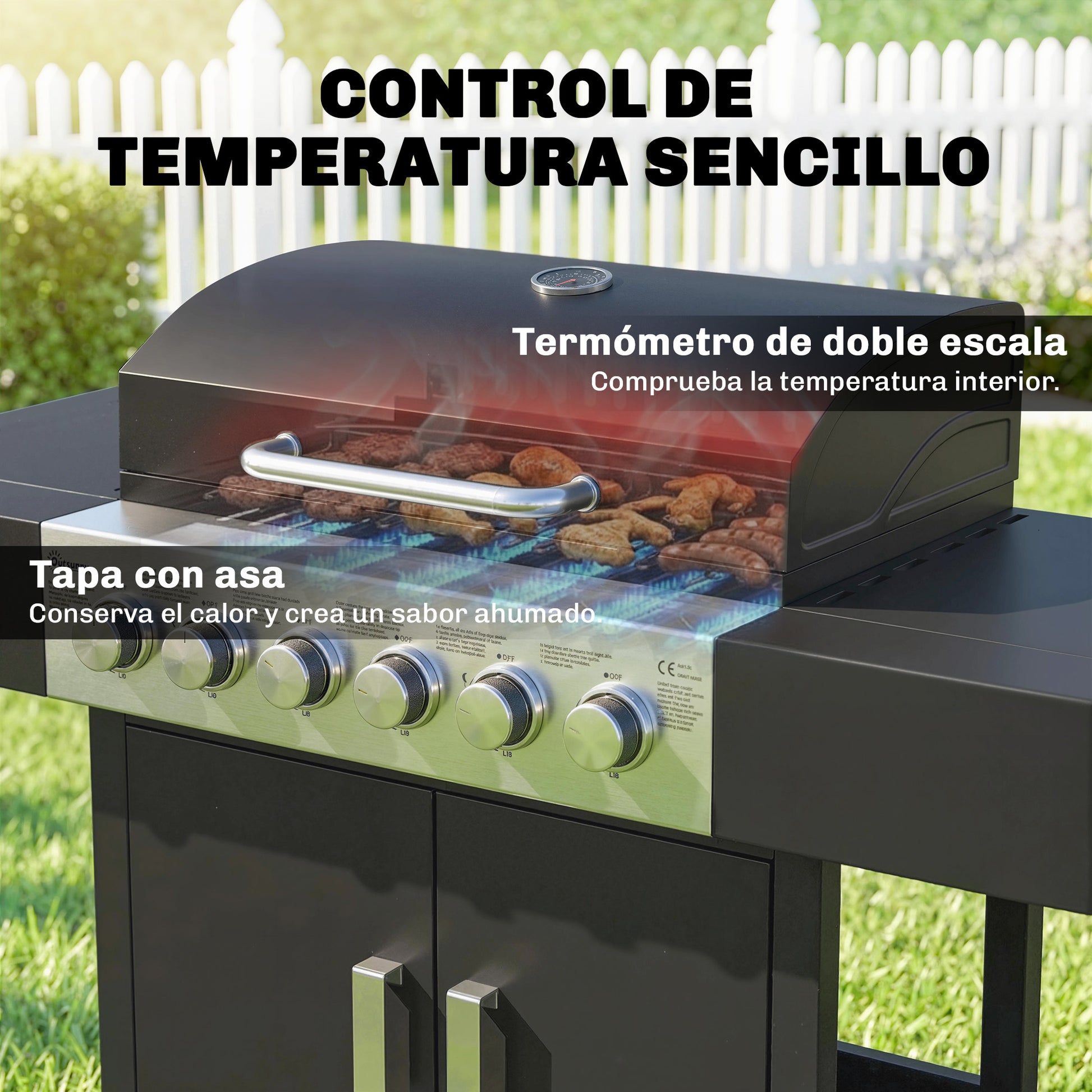 Outsunny Barbacoa De Gas Con 6 Quemadores 15 Kw Termómetro Mesas Laterales Negro_5