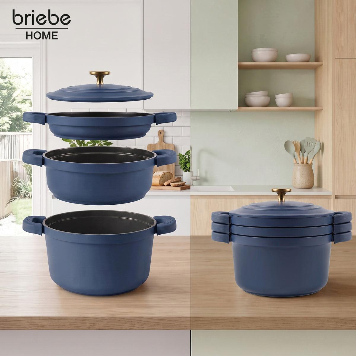 Briebe Totem Batería Cocina Inducción Apilable 4 Piezas Ø 22cm Sartén + 2 Cacerolas + Tapa, Antiadherente Cerámico Sin_1