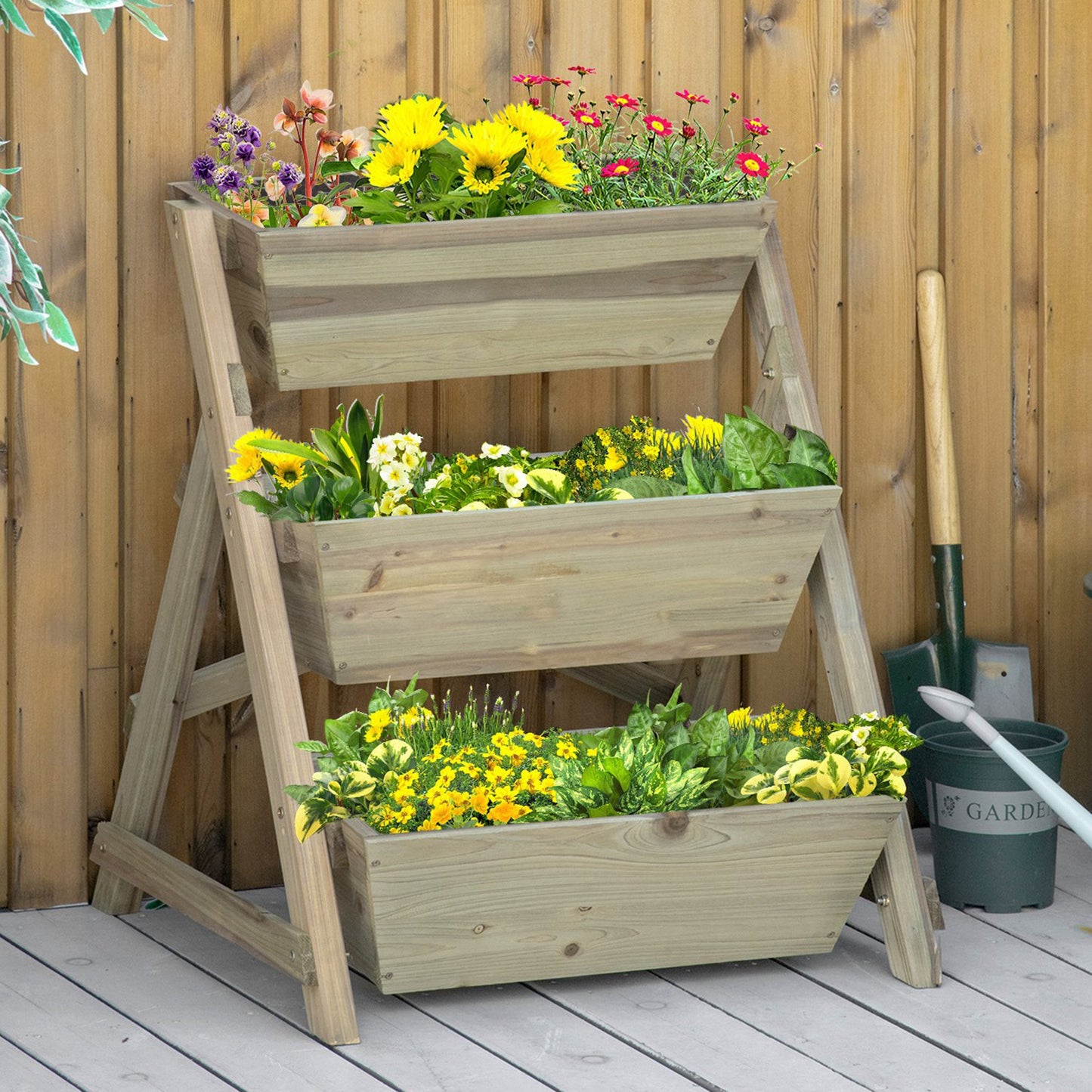 Outsunny Jardinera De Escalera 3 Pisos De Madera Con Tela No Tejida 71x61x77 Cm_1