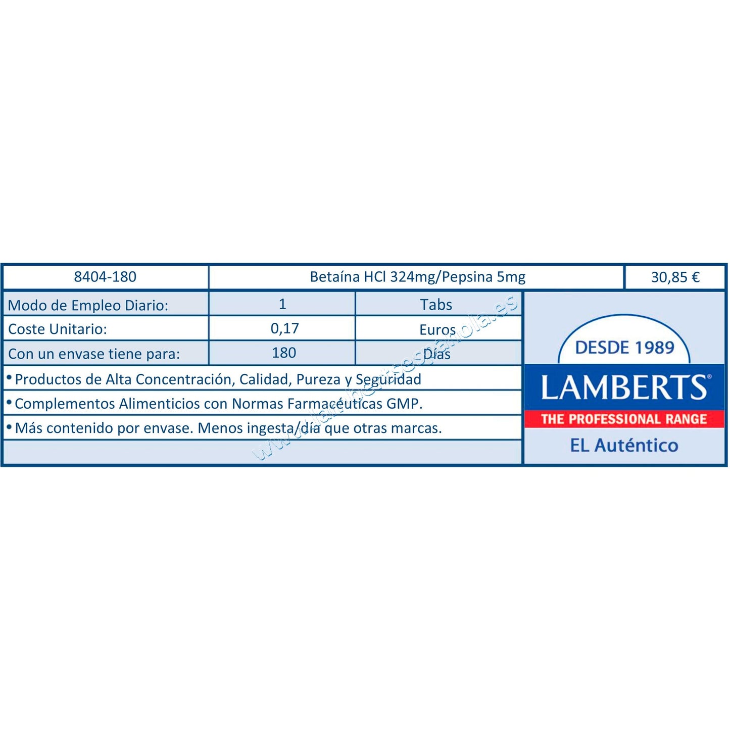 Betaína HCl 324mg/Pepsina 5mg Lamberts, 180 tabletas