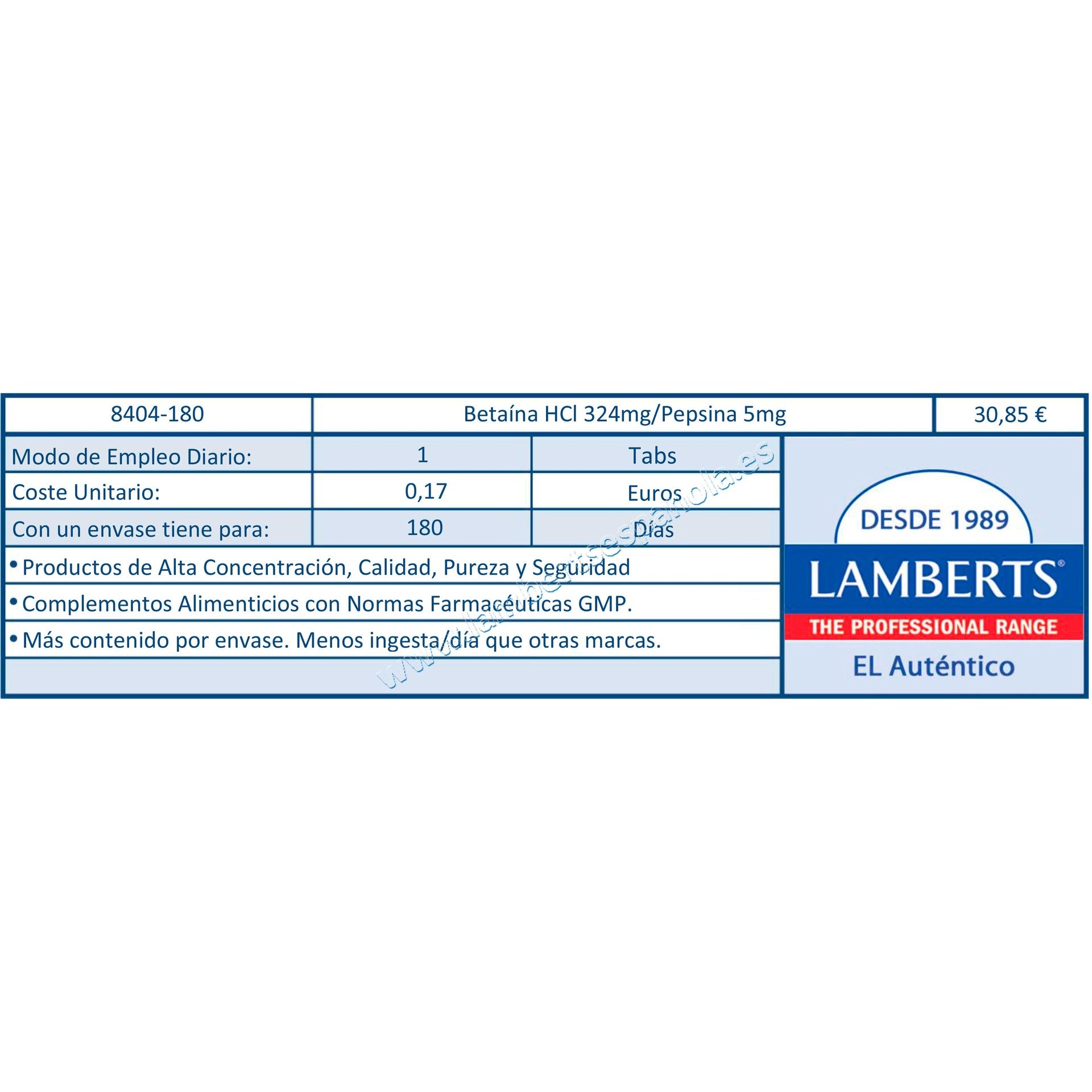 Betaína HCl 324mg/Pepsina 5mg Lamberts, 180 tabletas
