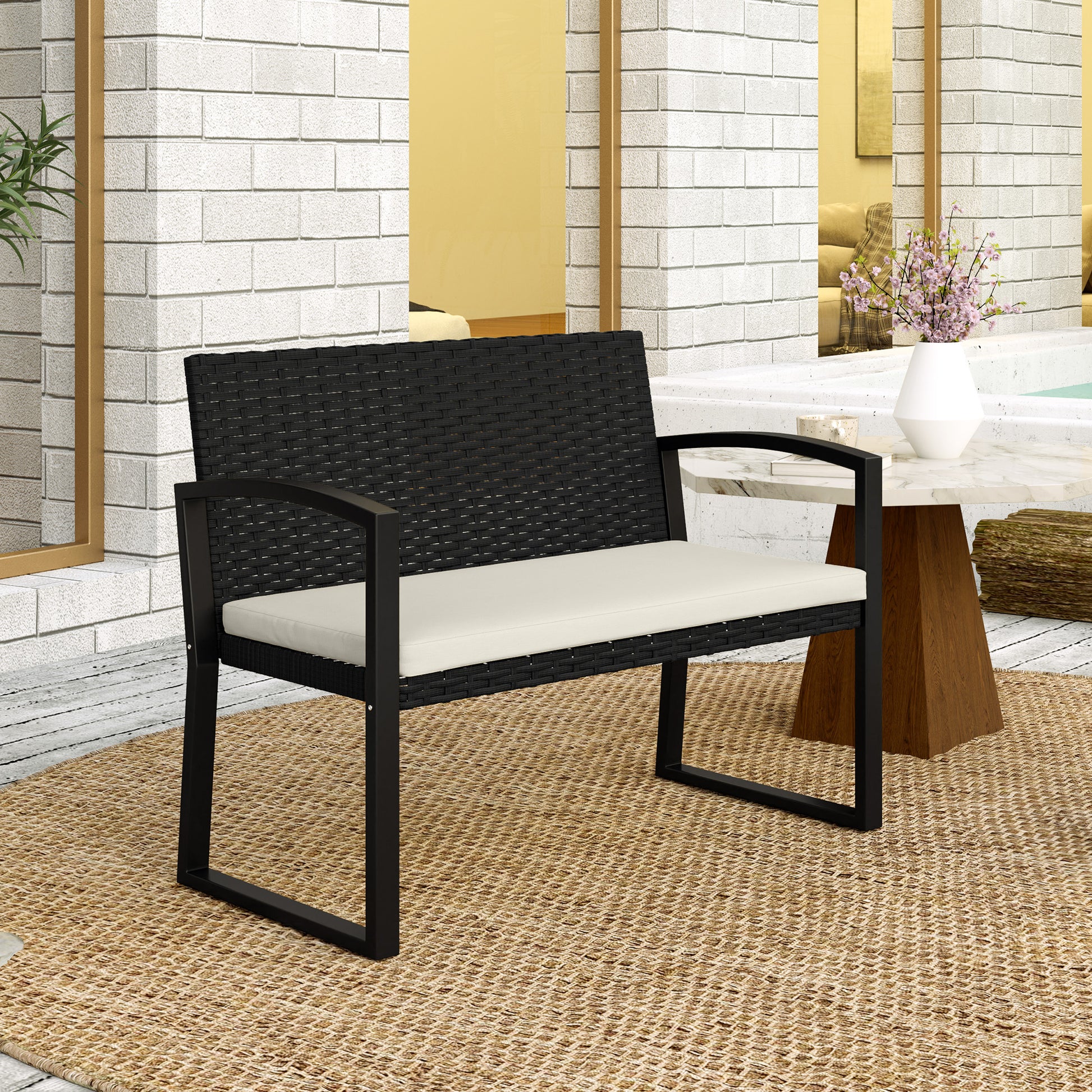 Outsunny Banco De Jardín De Ratán Sintético De 2 Plazas 103x58x78 Cm Negro Beige_4