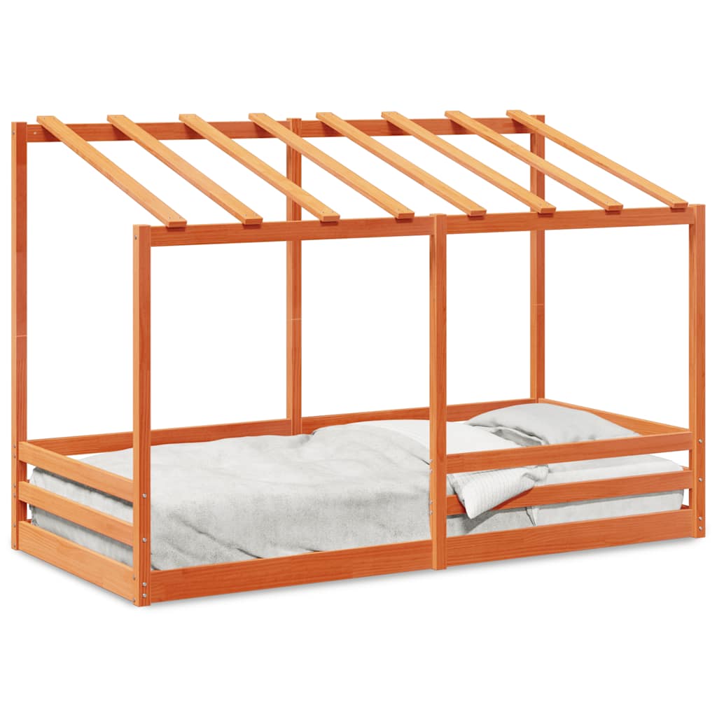 Cama Infantil Con Techo Madera Maciza Pino Marrón 90x200 Cm_0