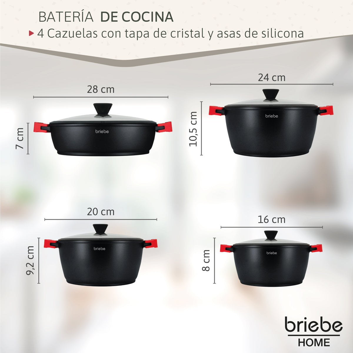 Briebe Batería Cocina Inducción Antiadherente Titanio, 8 Piezas Aluminio Fundido 4 Ollas Sin Pfoa Tapa, Blackt4b, Negro_2