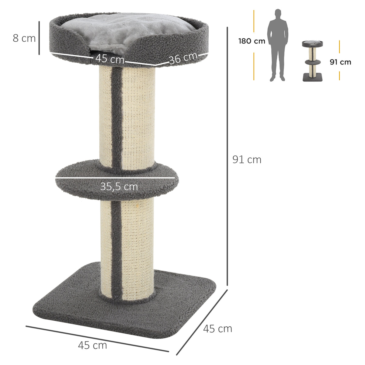 Pawhut Árbol Rascador Para Gatos Altura 91 Cm De 3 Niveles 45x45x91cm Gris_2
