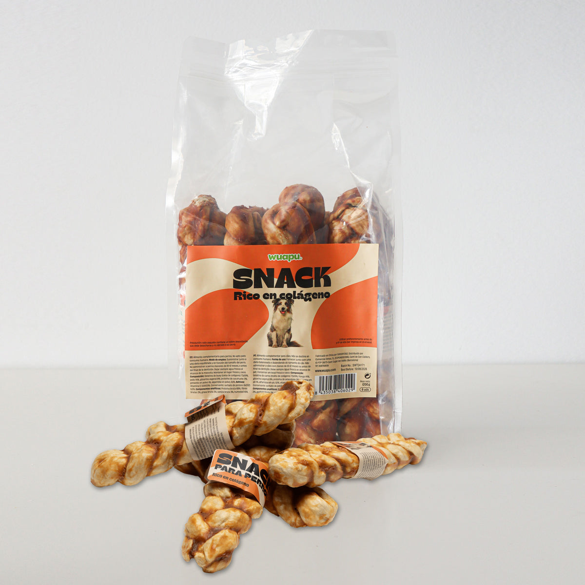 8u Snacks Colágeno Para Perro Grande, De Gelatina De Buey Y Pollo, Bolsa De 8u Trenzas L (150gr/u Aprox)_0