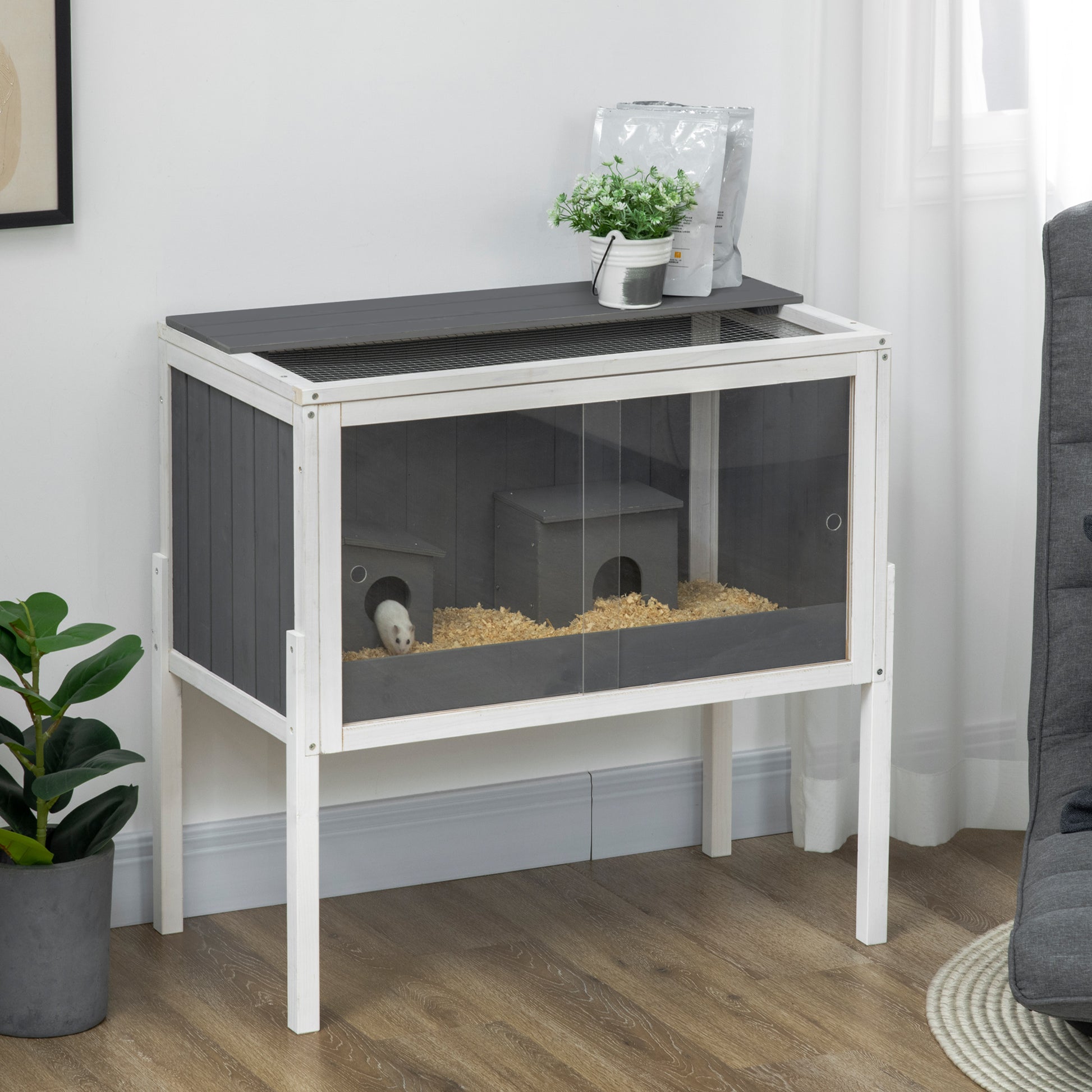 Pawhut Jaula Para Hámster De Madera 82x45x81 Cm Con 2 Puertas De Acrílico Gris_1