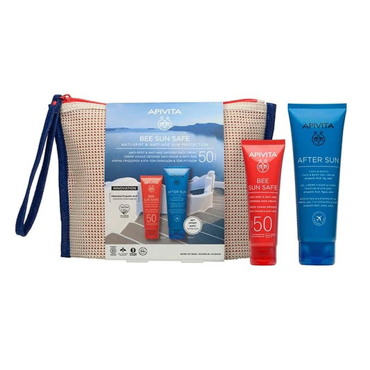 Apivita Bee Sun Safe Crema facial protectora solar SPF50 50 ml + Crema-gel refrescante y calmante 100 ml + Neceser